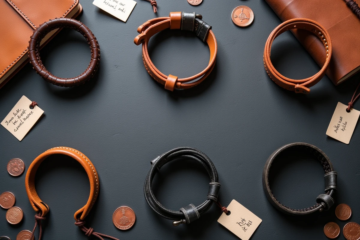 Comparatif de bracelets en cuir homme de différentes qualités et prix disposés en flat lay sur ardoise
