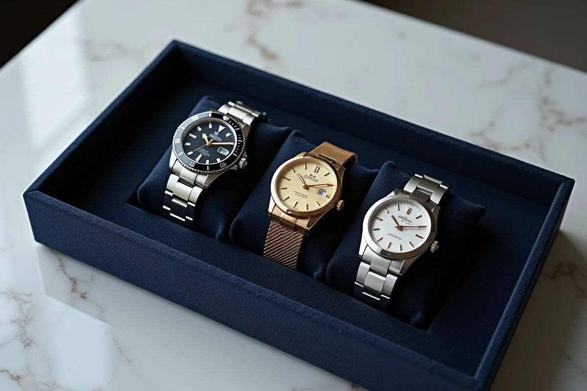 Trois montres de prestige de segments différents côte à côte sur velours marine, illustrant la diversité des positionnements horlogers haut de gamme.