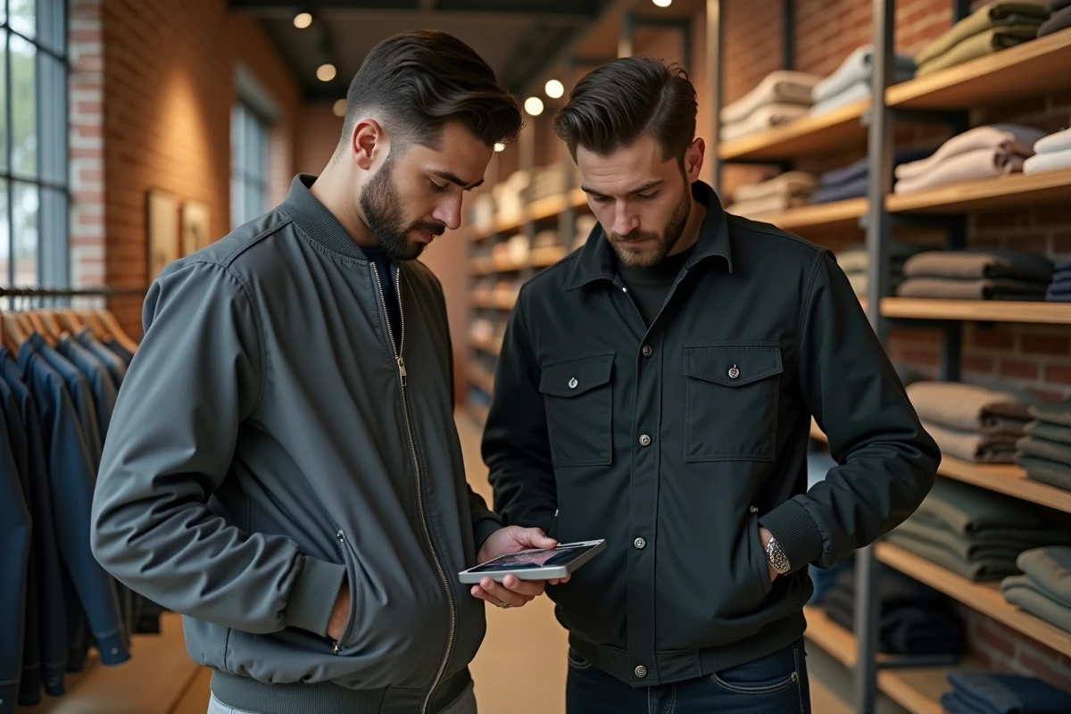 Deux hommes comparant une veste zippée et une veste à boutons dans une boutique streetwear