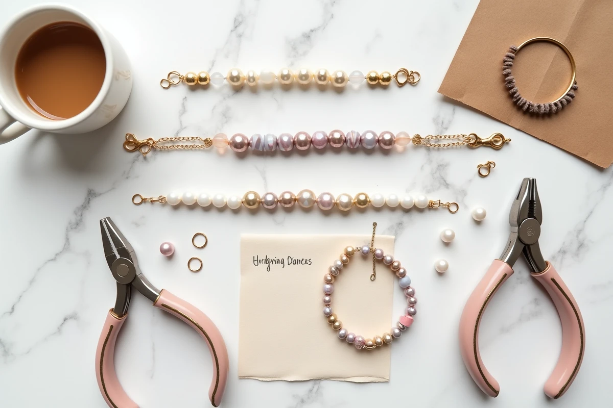 Vue à plat du contenu d'un kit de bracelet fantaisie avec perles, cordons, pinces et fermoirs sur marbre blanc
