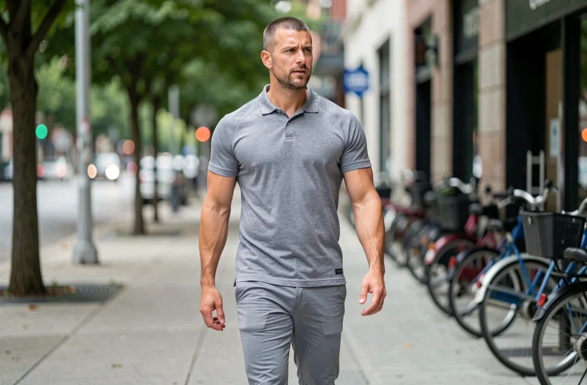 Homme sportif en polo gris avec une coupe buzz cut marchant dans une rue urbaine arborée
