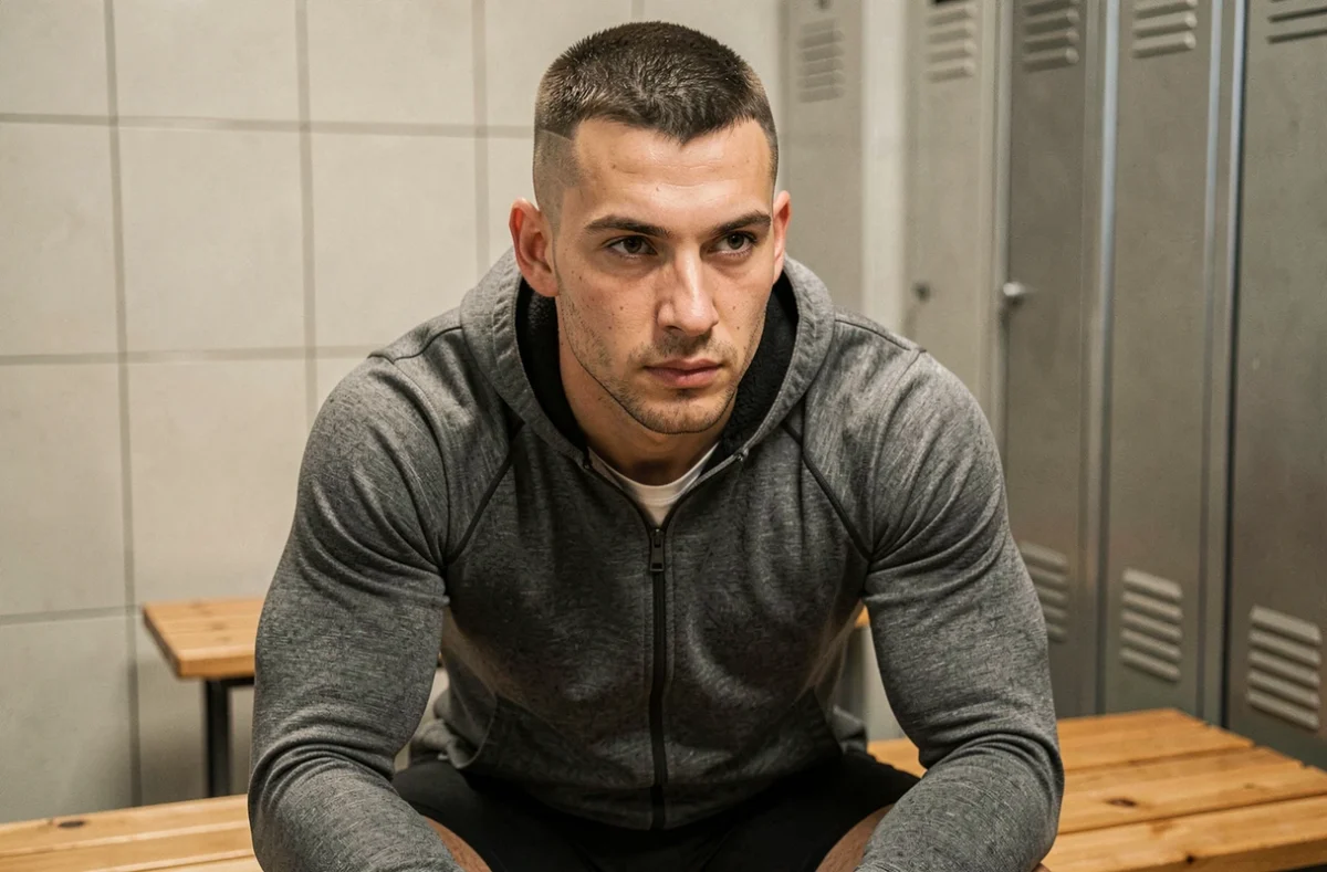 Jeune homme sportif avec une coupe crew cut et dégradé assis dans un vestiaire moderne après l'entraînement