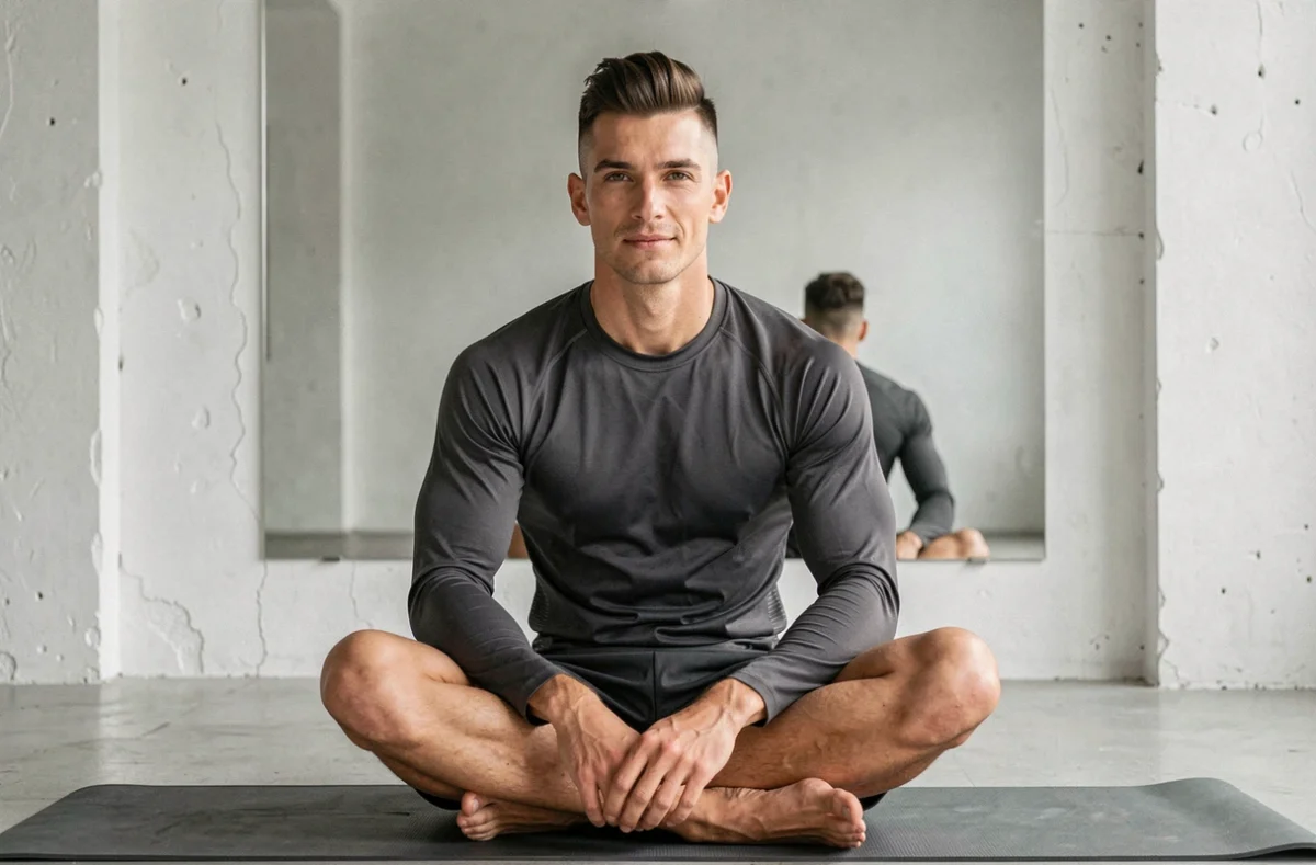Sportif avec une coupe courte quiff et dégradé assis sur un tapis de yoga dans un studio minimaliste