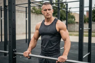 Homme sportif avec une coupe undercut fraîche portant une tenue d'entraînement dans un gymnase urbain en plein air