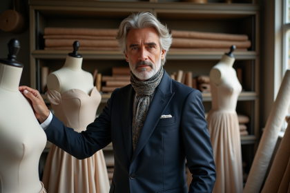 Couturier élégant en atelier avec robes de couture