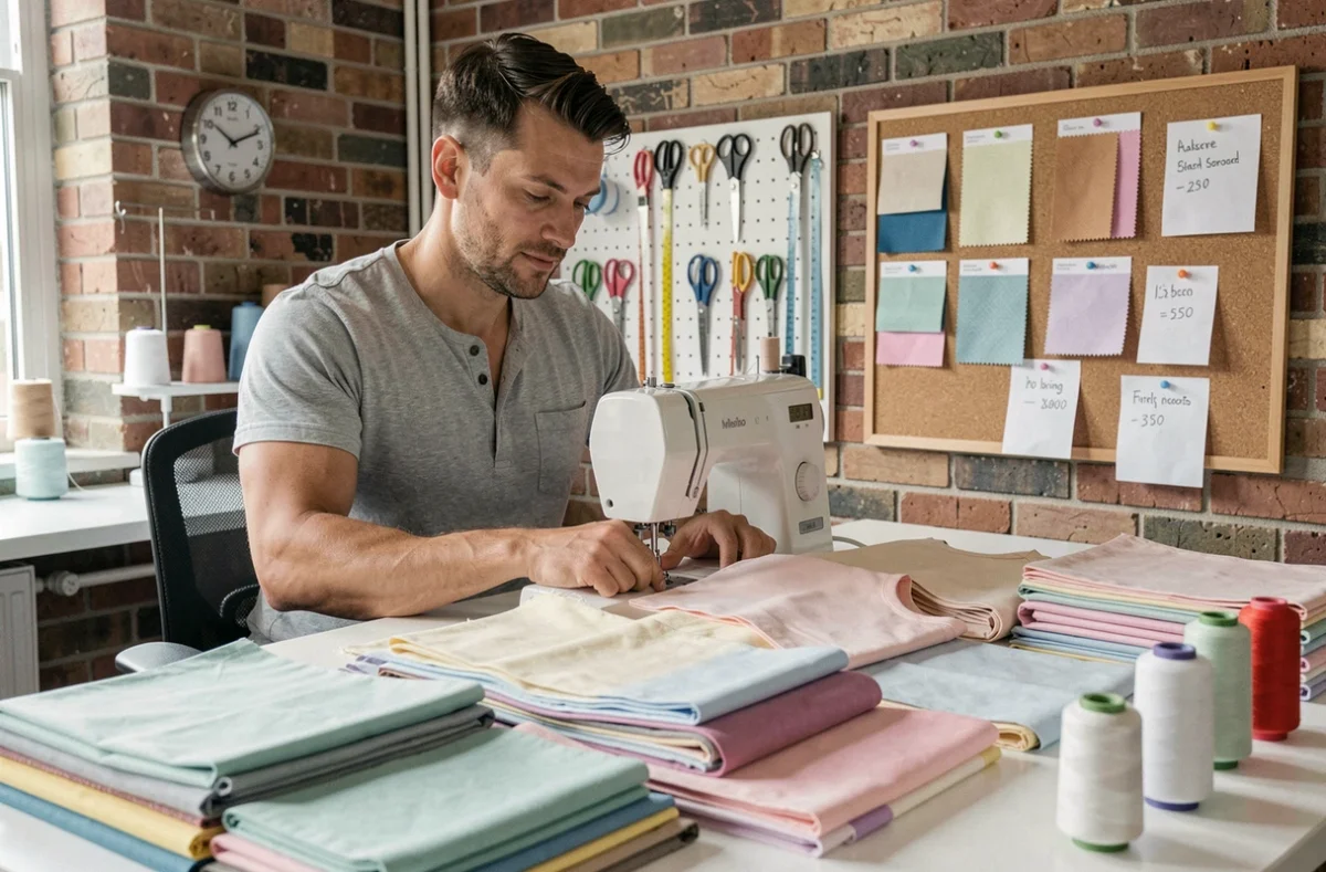 Couturier homme travaillant en série sur de grandes quantités de vêtements à domicile avec organisation des coûts