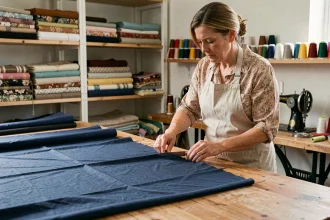 Couturière à domicile mesurant et découpant de grandes quantités de tissu sur une table de travail en bois