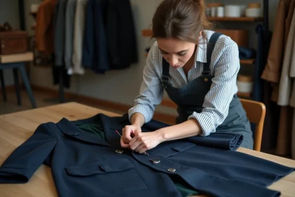Couturiere femme en atelier en train de r&eacute;parer un manteau