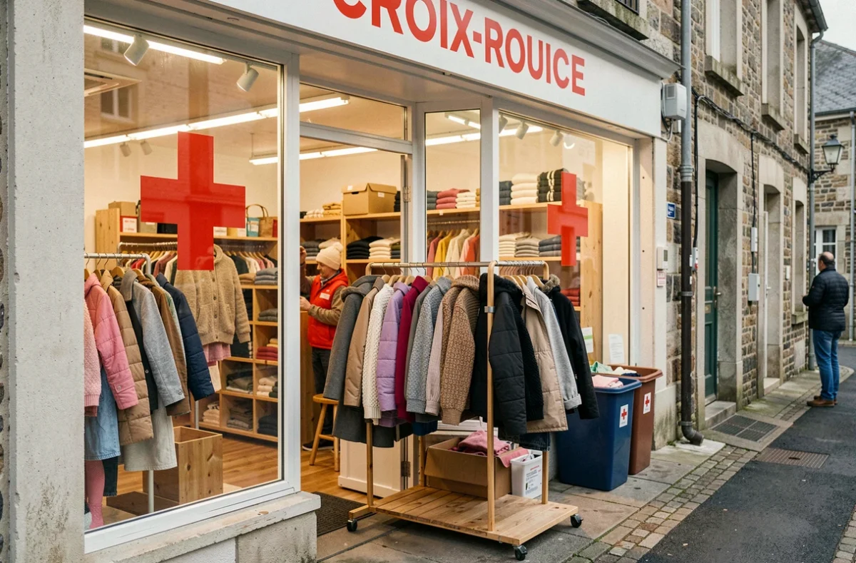Boutique vestimentaire de la Croix-Rouge en Finistère avec des racks de vêtements donnés soigneusement arrangés et des bénévoles en arrière-plan