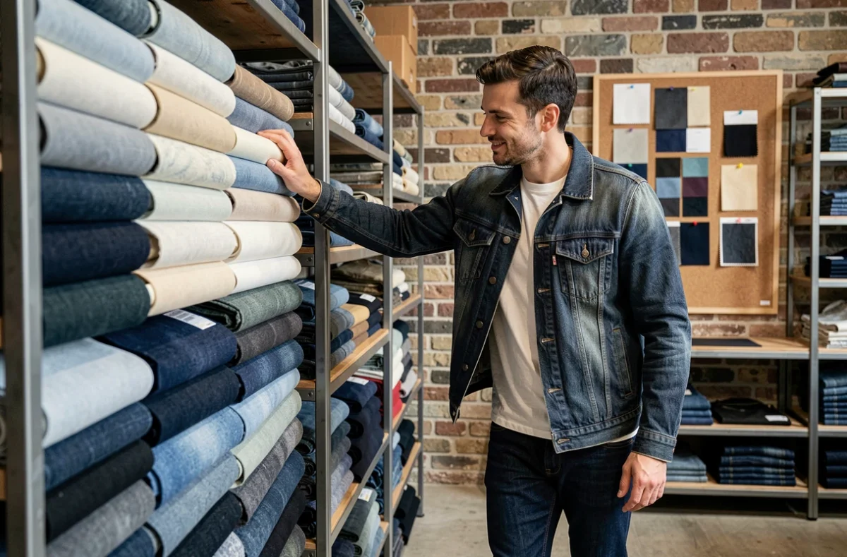 Un homme en jean brut examine des tissus denim sur un présentoir dans la boutique Culture Denim du Vieux-Lille