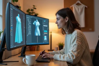 Débutante sur CLO 3D assise devant un écran affichant une interface de simulation de vêtements 3D dans un studio à domicile
