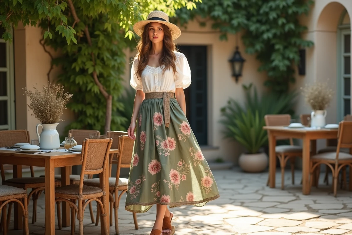 Femme en costume champêtre chic avec jupe fleurie et chapeau de paille dans une guinguette rustique en terrasse