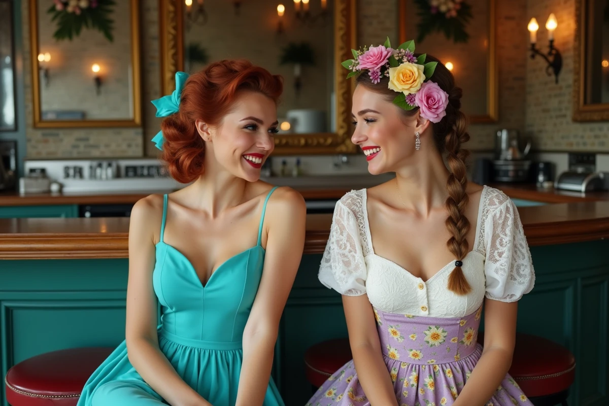 Deux femmes en déguisements guinguette look pin-up et champêtre chic assises au bar d'une guinguette intérieure vintage