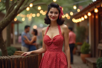 Femme déguisée en pin-up années 50 avec robe à pois rouges et blancs dans un décor de guinguette en plein air