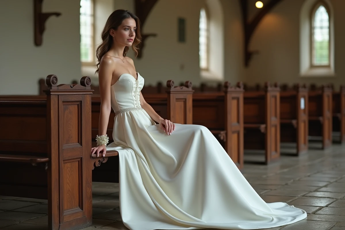 Demoiselle d'honneur en robe bustier longue blanche assise sur un banc en bois dans une église de campagne aux murs blanchis à la chaux