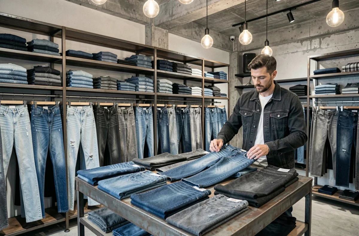 Intérieur de Denim Republic avec un mur de jeans indigo et gris soigneusement organisés sur des étagères industrielles en acier