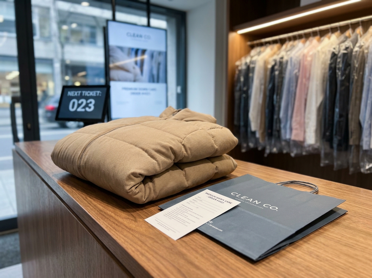 Doudoune déposée au comptoir d'un pressing professionnel avec un ticket de nettoyage et un sac en papier