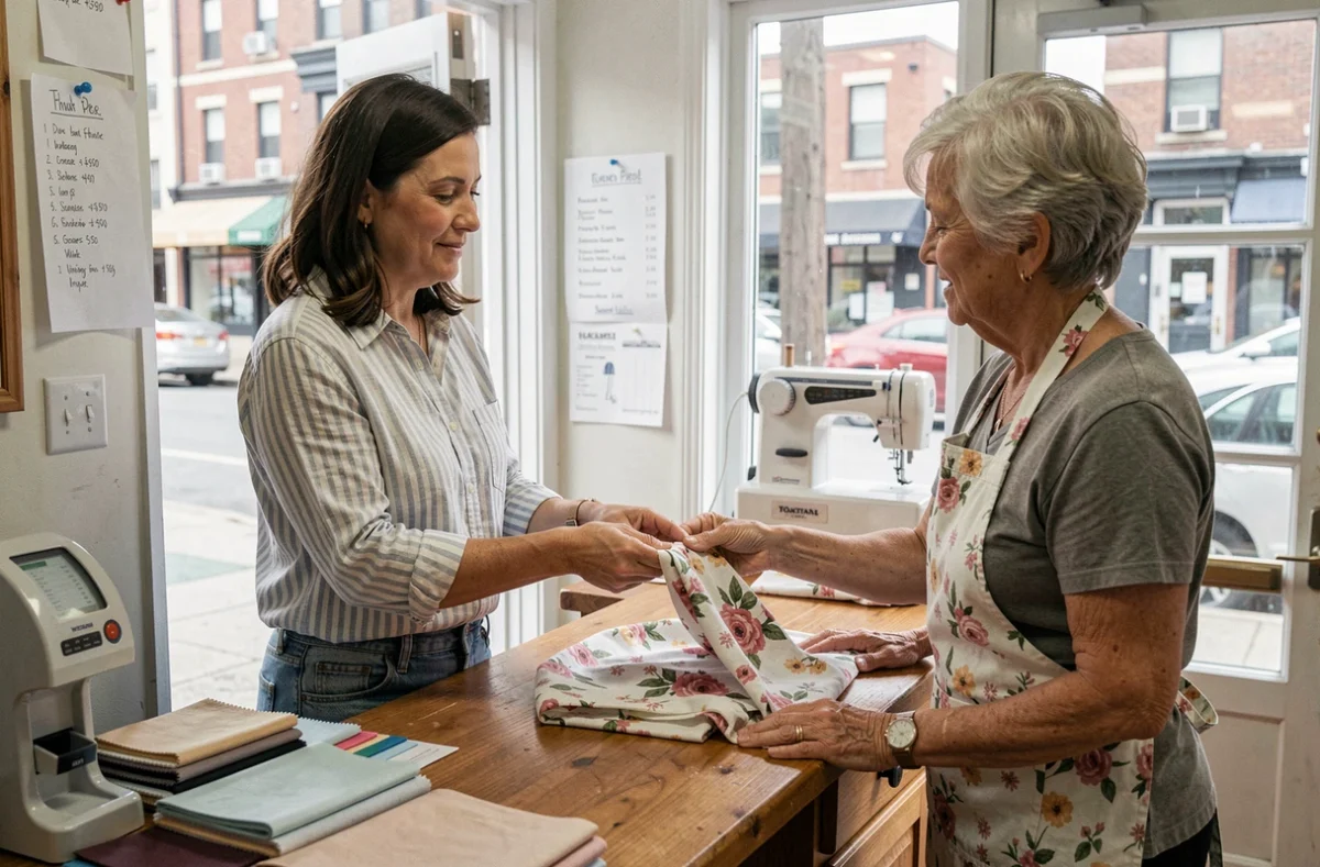Cliente déposant une robe pour retouche dans une petite retoucherie de quartier avec couturière locale derrière le comptoir