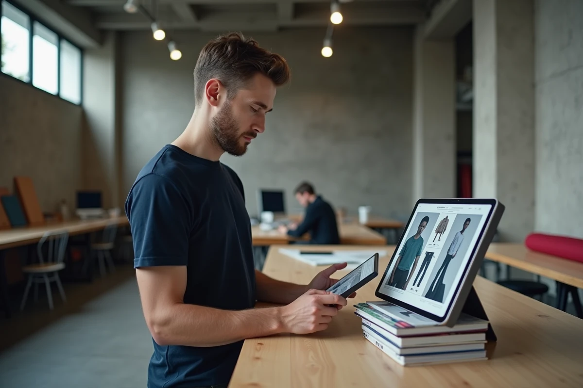Jeune designer parcourant une marketplace de ressources CLO 3D sur une tablette dans un studio de design moderne