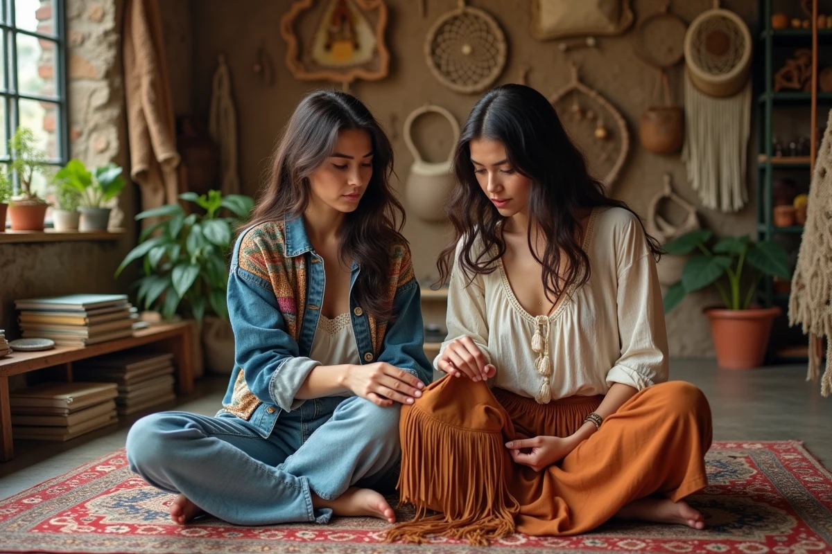 Deux jeunes femmes en tenues hippie vintage assises dans une boutique de seconde main entourées de vêtements et accessoires des années 70