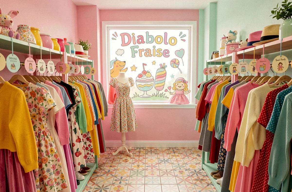 Boutique Diabolo Fraise en Finistère avec des vêtements vintage colorés et farfelus sur des portants pastel dans un décor ludique et rétro