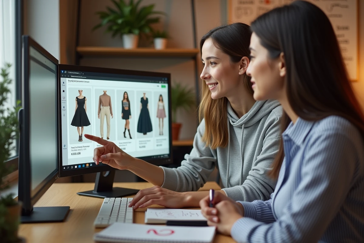 Deux designeuses discutant de l'achat de ressources sur CLO Store devant un écran affichant des vêtements 3D