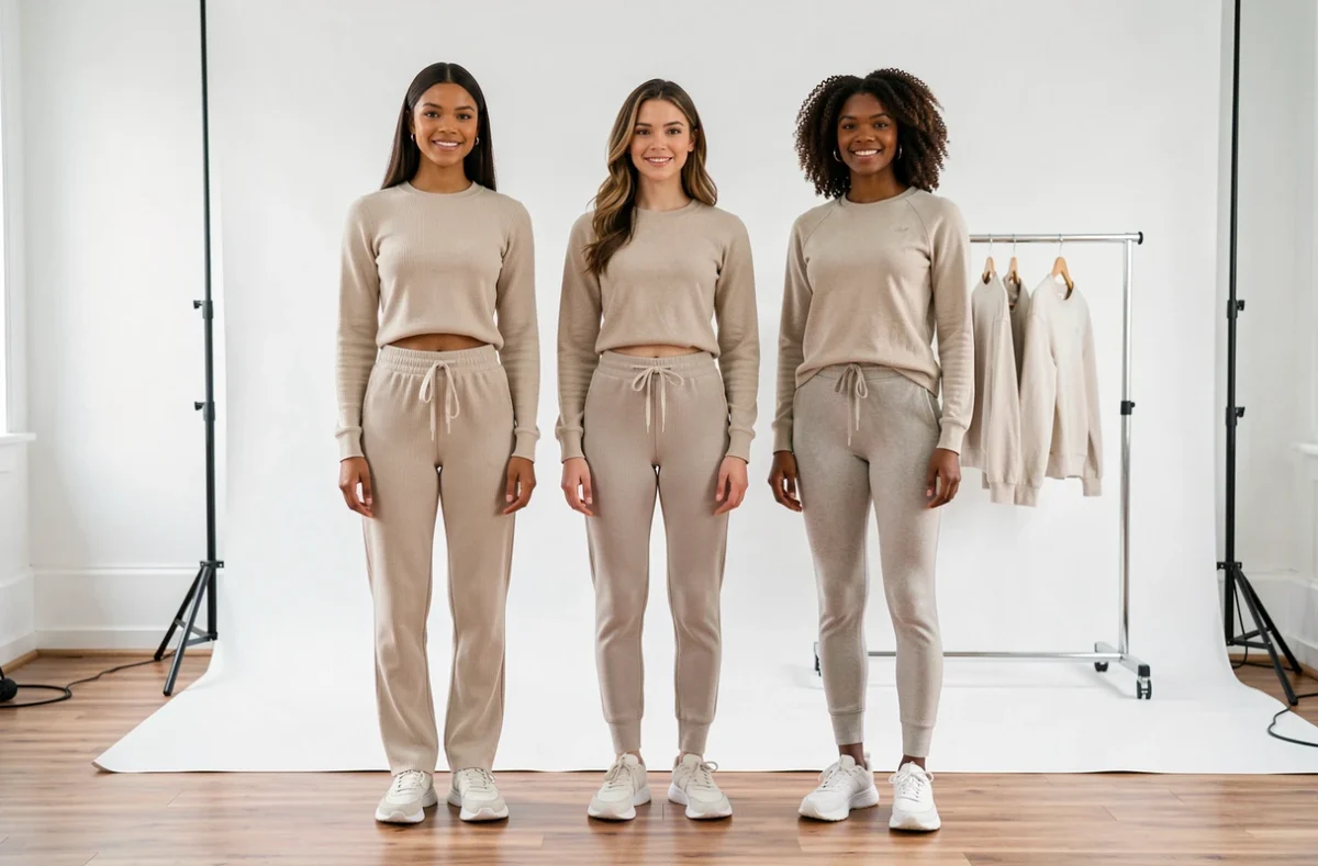 Trois mannequins féminins de tailles différentes lors d'un essayage en studio commercial illustrant la diversité morphologique dans la mode