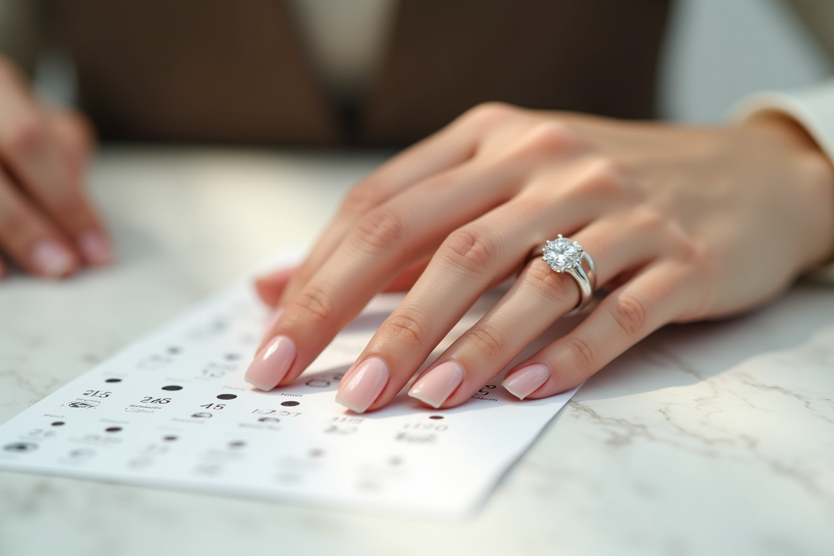 Main féminine tenant un guide de taille de bague en marbre blanc