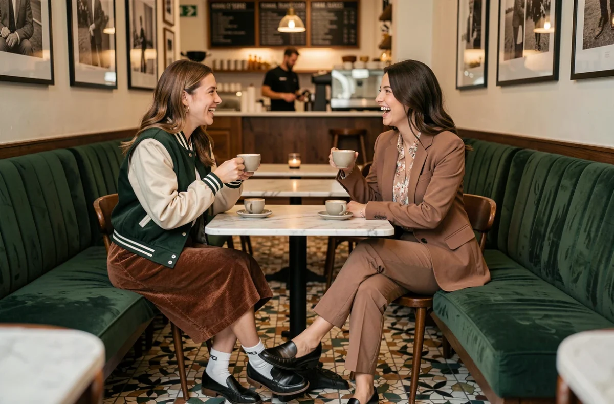 Deux femmes en looks mixant mode vintage et tendances 2026 attablées dans un café vintage moderne