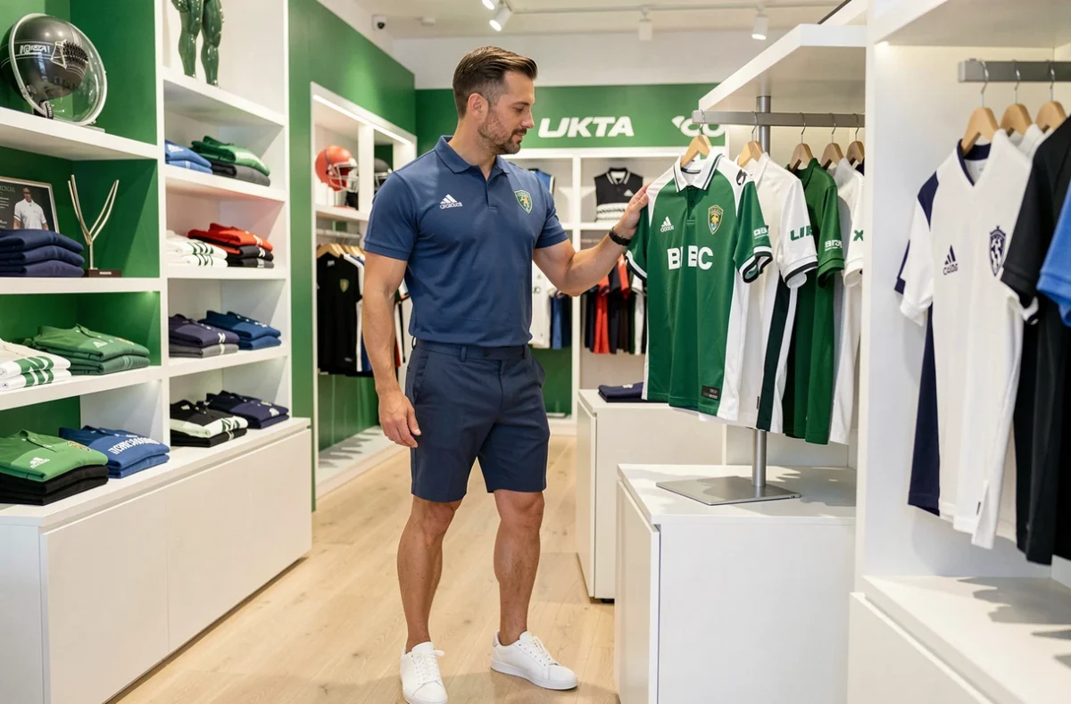 Un homme en polo élégant examine un maillot dans la boutique Eden Park à Lille