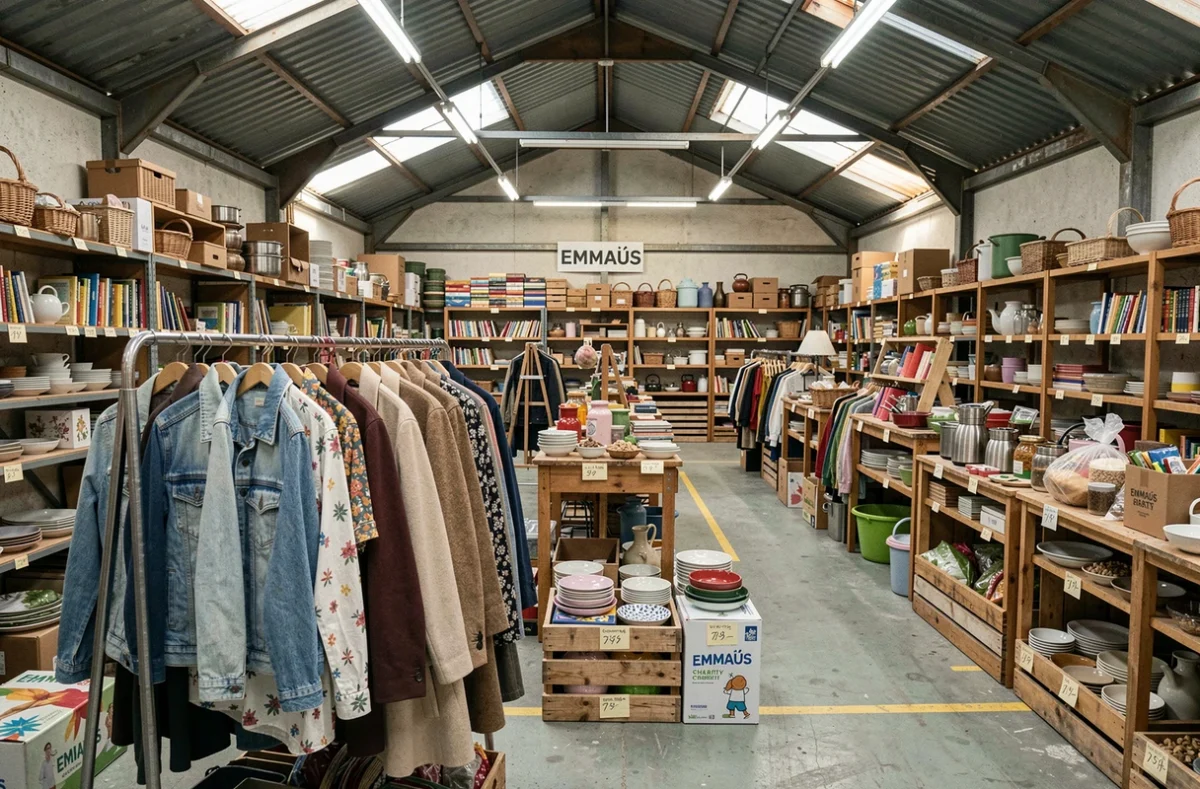 Espace de vente Emmaüs Brest avec des racks de vêtements et des étagères d'objets donnés dans un entrepôt communautaire spacieux