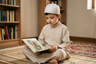 Jeune garçon portant un kufi blanc ajusté assis sur un tapis de prière, lisant un livre illustré dans un salon décoré avec soin