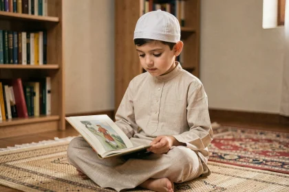 Jeune garçon portant un kufi blanc ajusté assis sur un tapis de prière, lisant un livre illustré dans un salon décoré avec soin
