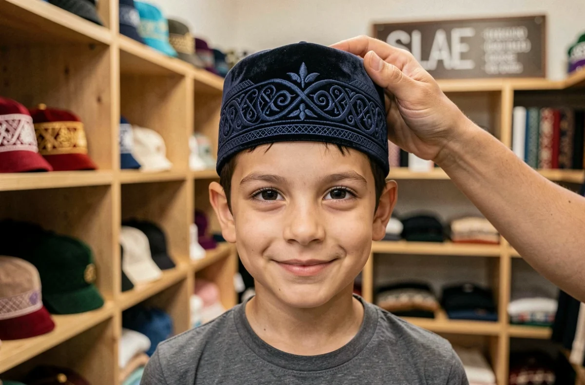 Garçon essayant un chapeau musulman brodé bleu marine dans une boutique de vêtements islamiques avec l'aide d'un adulte
