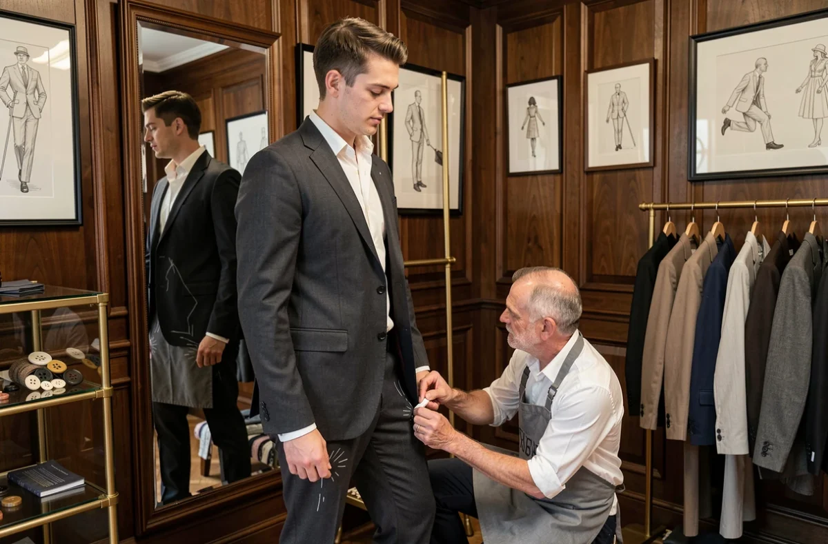 Client en costume essayant des retouches de pantalon chez un tailleur parisien dans une boutique élégante avec miroir à trois faces