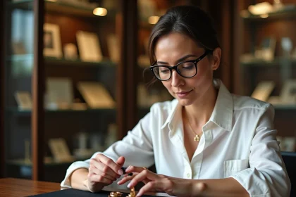 Experte en bijouterie examinant une bague en or ancienne avec une loupe de gemmologue dans un atelier d'expertise