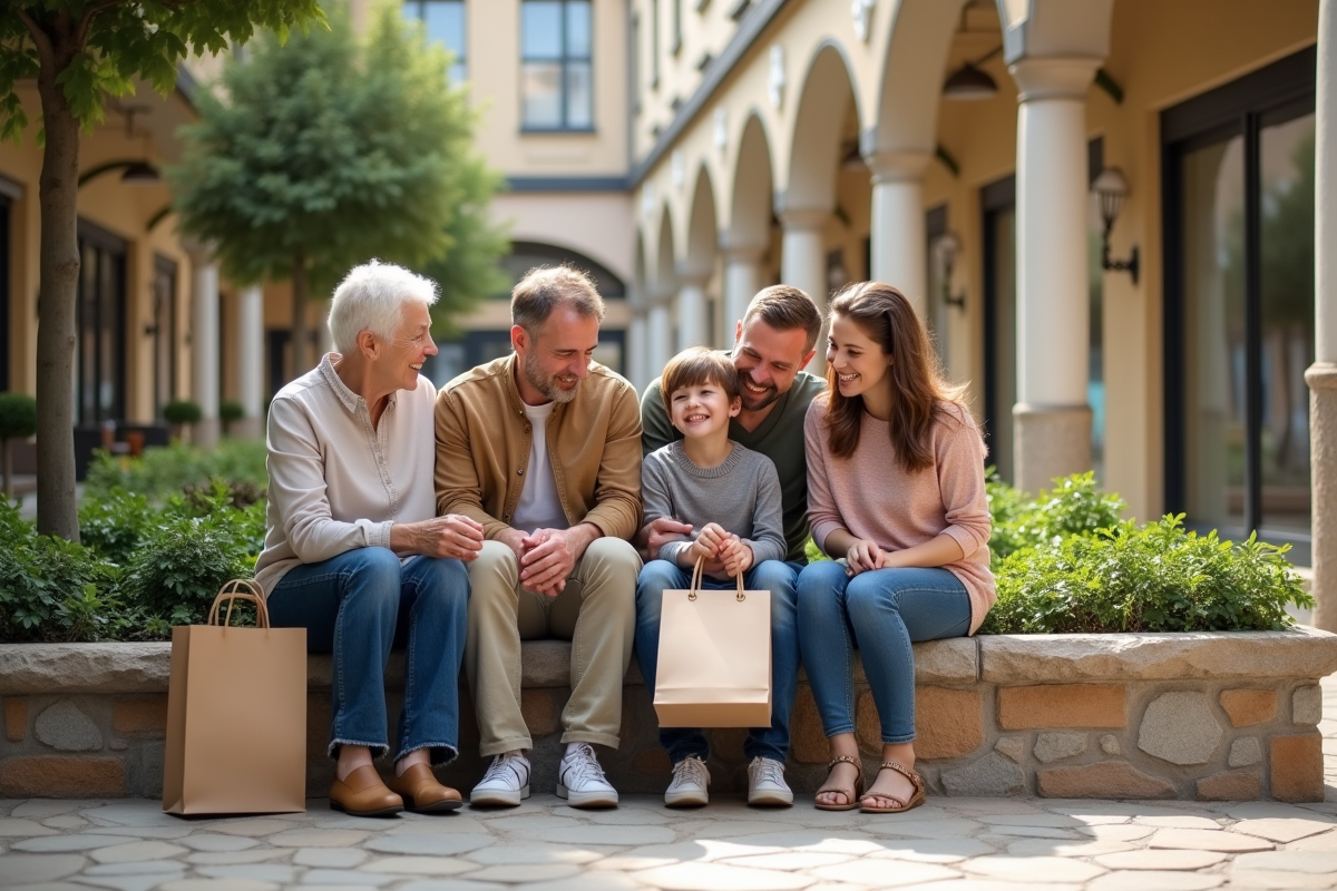 Famille multigenerational souriante autour d un banc en plein air