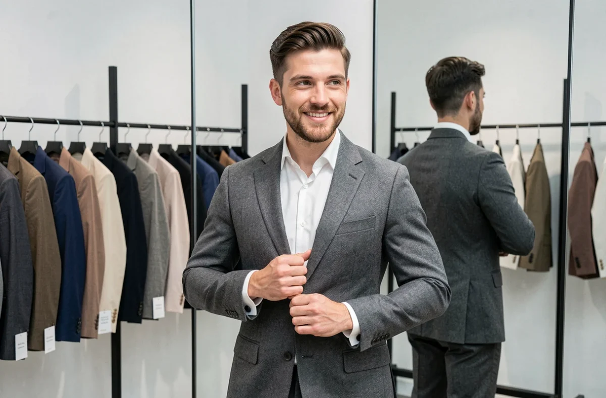 Un jeune homme essaie un costume gris accessible dans la boutique Father and Sons dans les Hauts-de-France