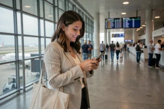 Femme consultant une application de voyages en promotion dans un terminal d'aéroport moderne
