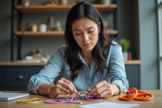 Femme inspectant des bandes élastiques colorées au bureau