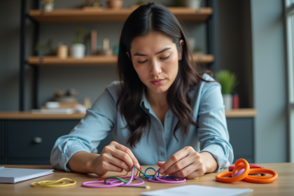 Femme inspectant des bandes élastiques colorées au bureau