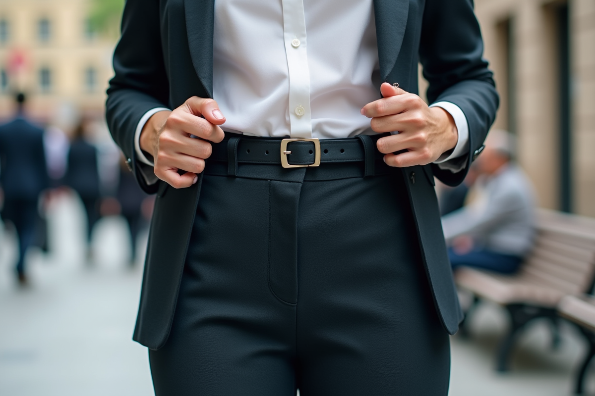 Jeune femme en pantalon d affaires passant sa ceinture en extérieur