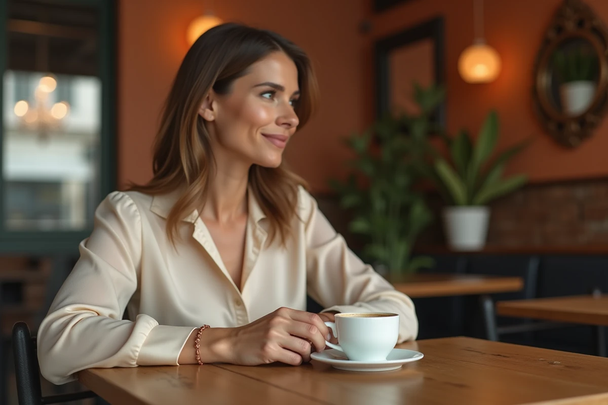 Femme élégante portant un bracelet jonc en or rose dans un café parisien, ambiance authentique et urbaine