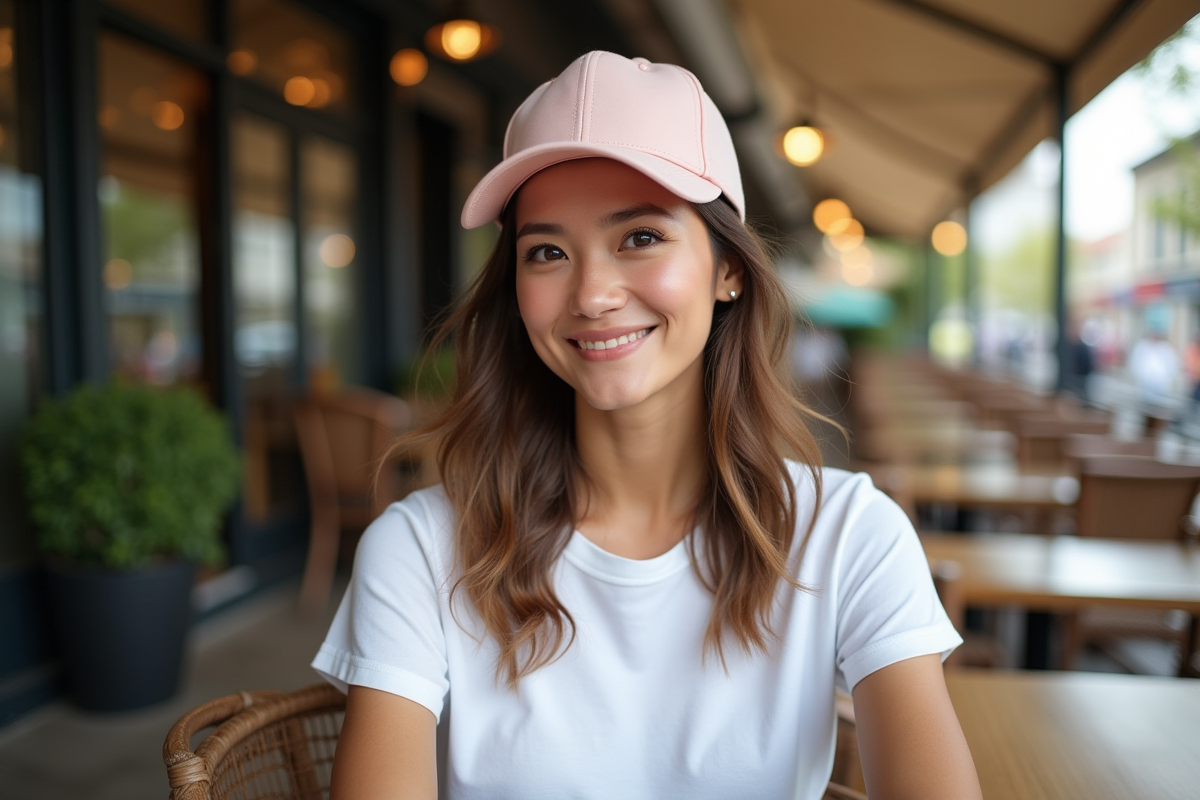 Femme élégante portant une casquette pastel au café