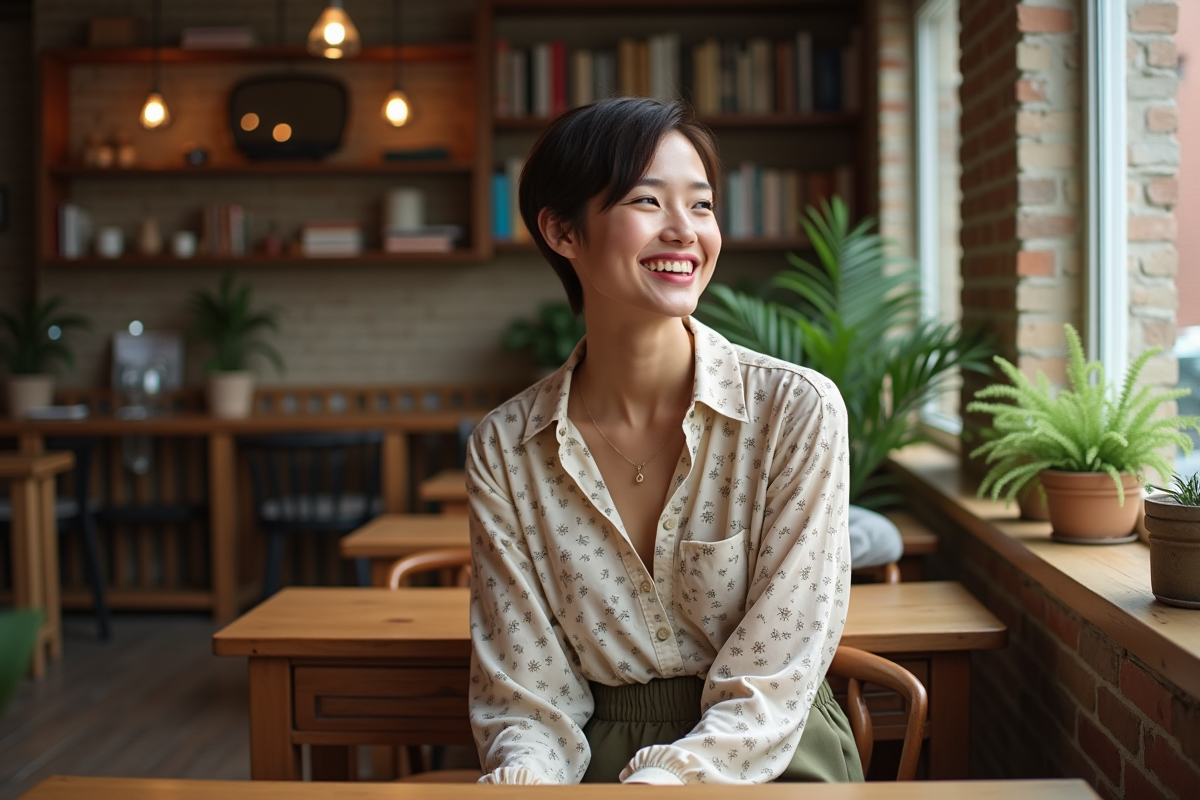 Jeune femme souriante assise dans un café ensoleille