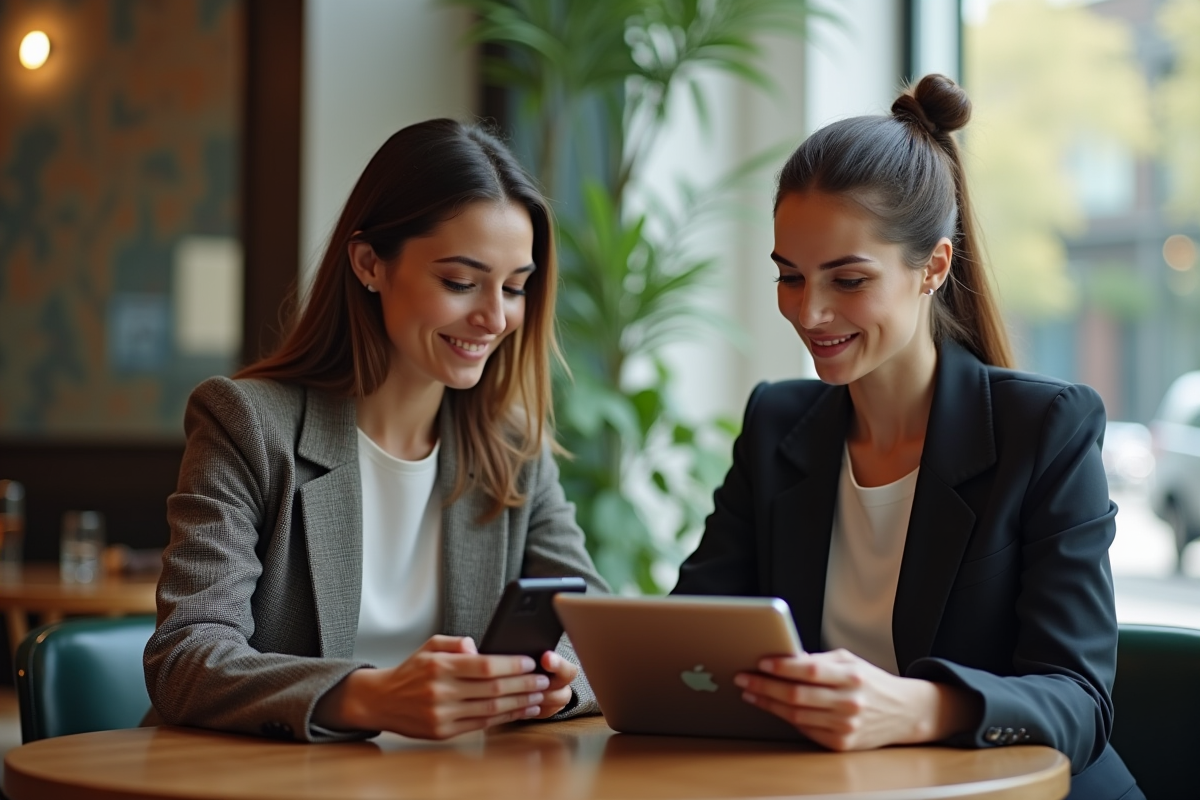 Femme en tenue chic souriante avec smartphone dans un café urbain