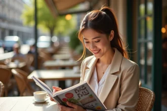 Femme élégante lisant un magazine en terrasse de café