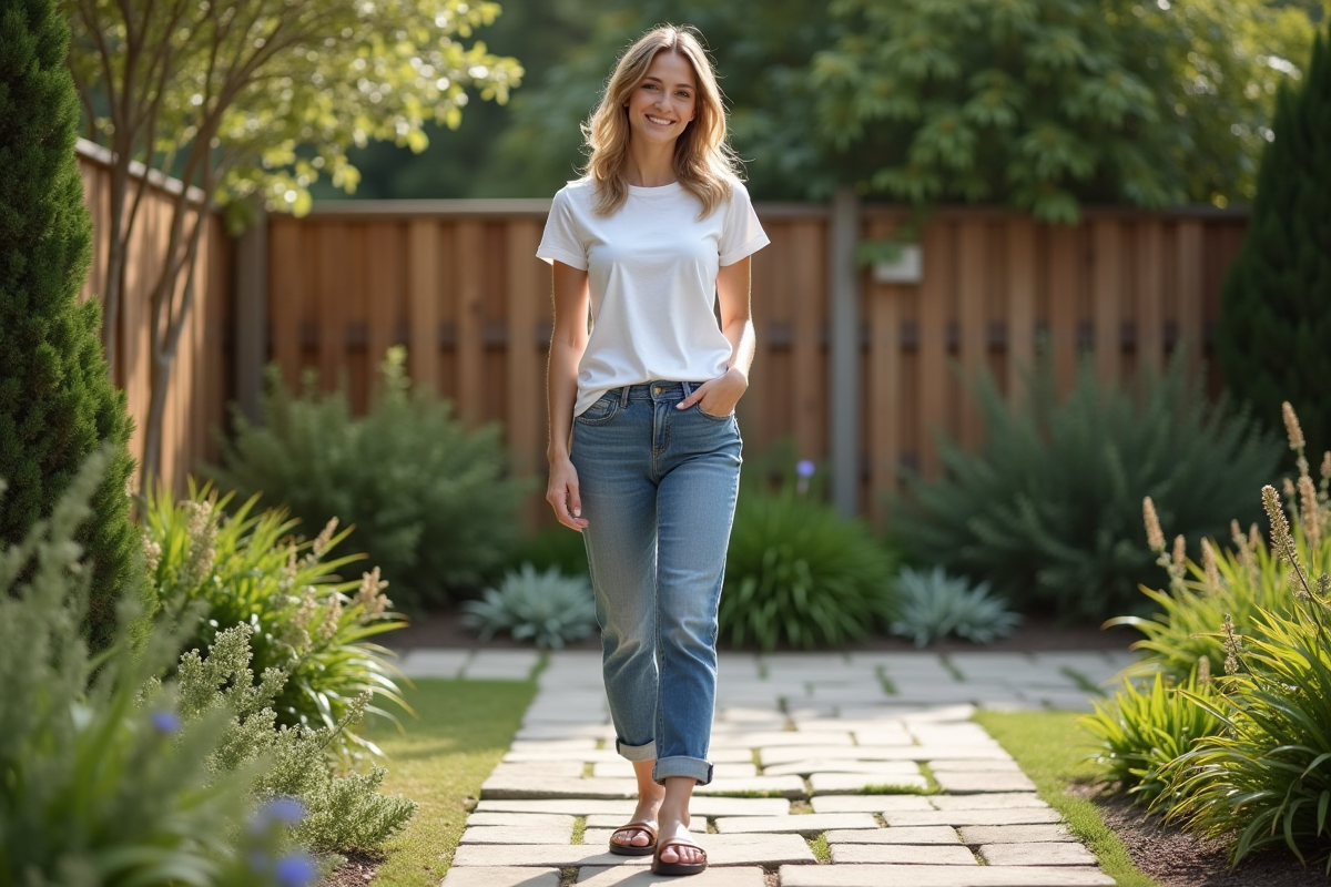 Femme décontractée en jeans et t-shirt dans le jardin