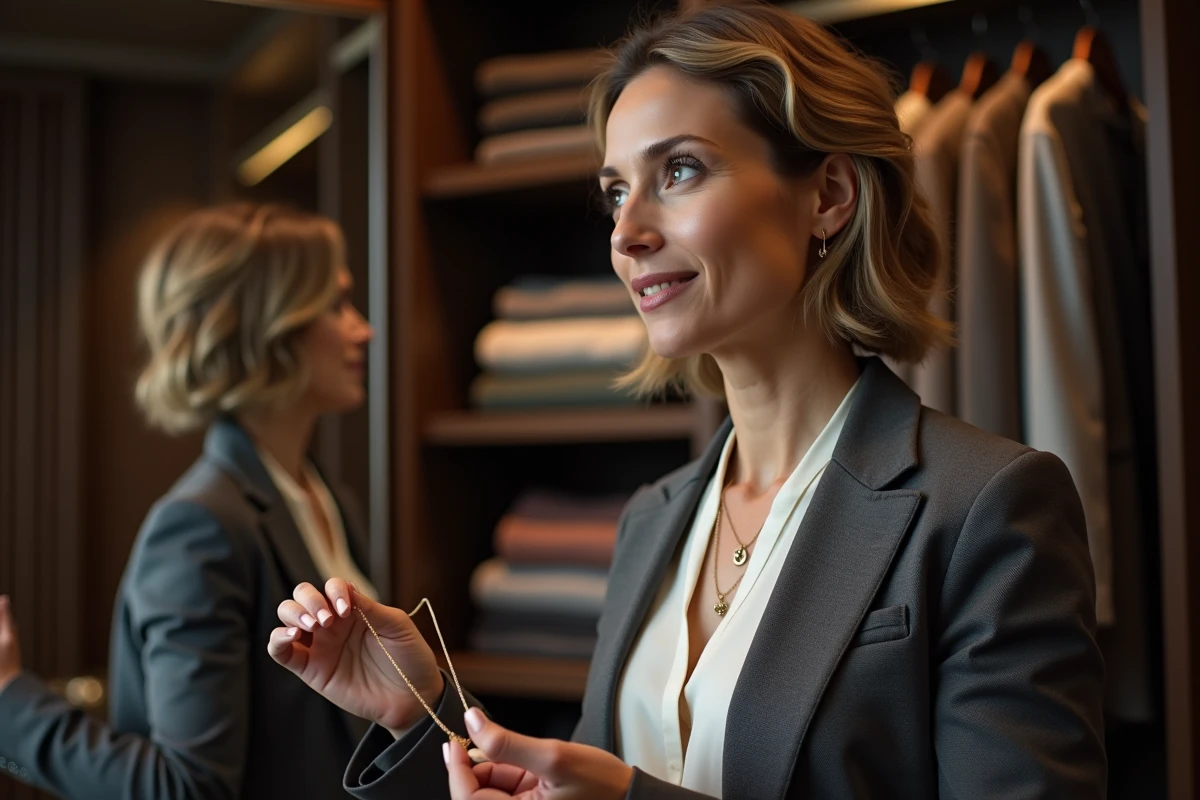 Femme élégante comparant un collier en or jaune et un collier en or blanc devant un miroir dans un dressing raffiné, guide du choix selon la garde-robe