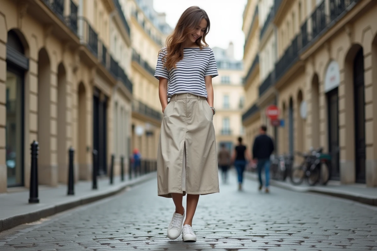 Femme portant des baskets françaises en demi-taille sur un trottoir pavé parisien